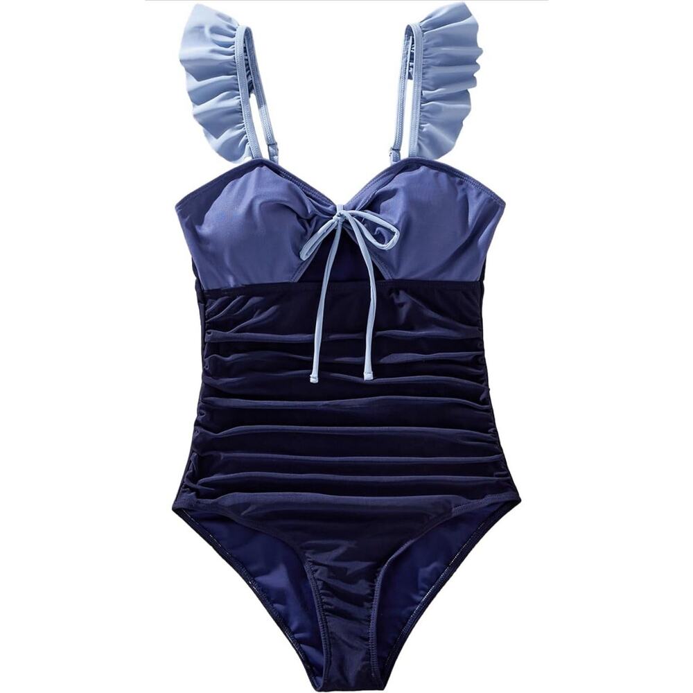 IFFEI Women’s Blue Swimsuit Colorblock Ruffle Sleeves 1-Piece Bathing Suit XL